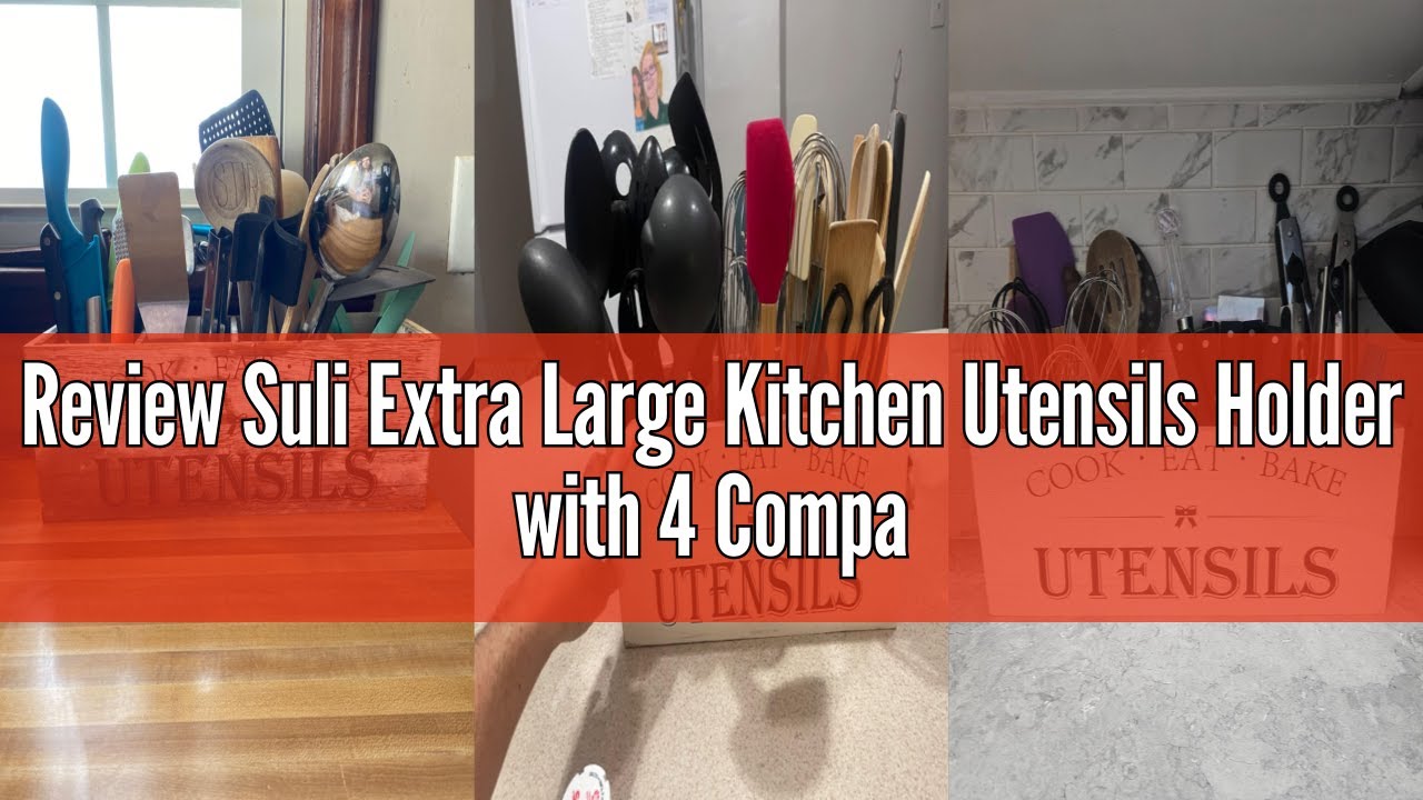 Review Suli Extra Large Kitchen Utensils Holder with 4 Compartments, Wooden Utensil Organizer for Ki