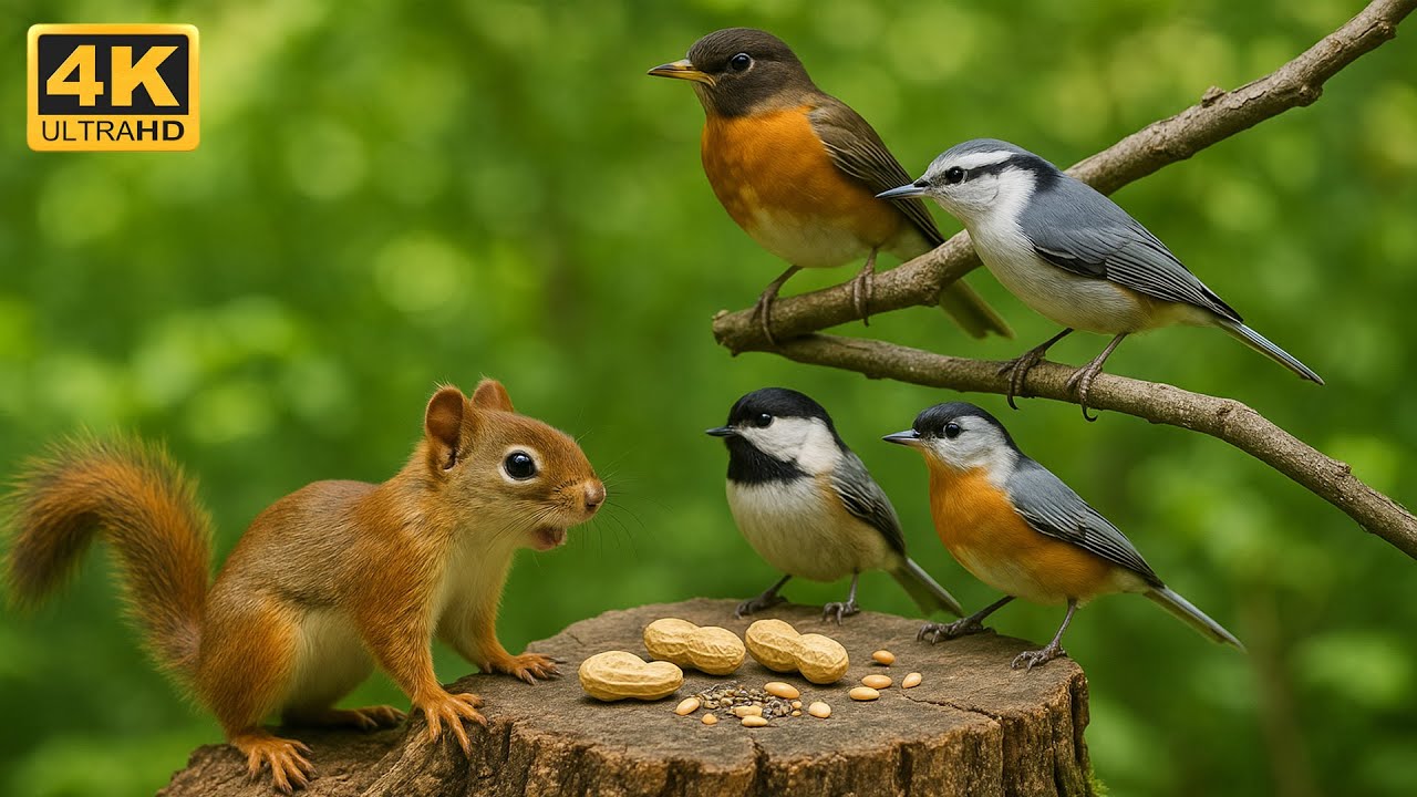 Cat TV for Cats to Watch 🐦 Squirrel & Songbirds Share Peanuts in 4K Forest Scene 🐿️🌰
