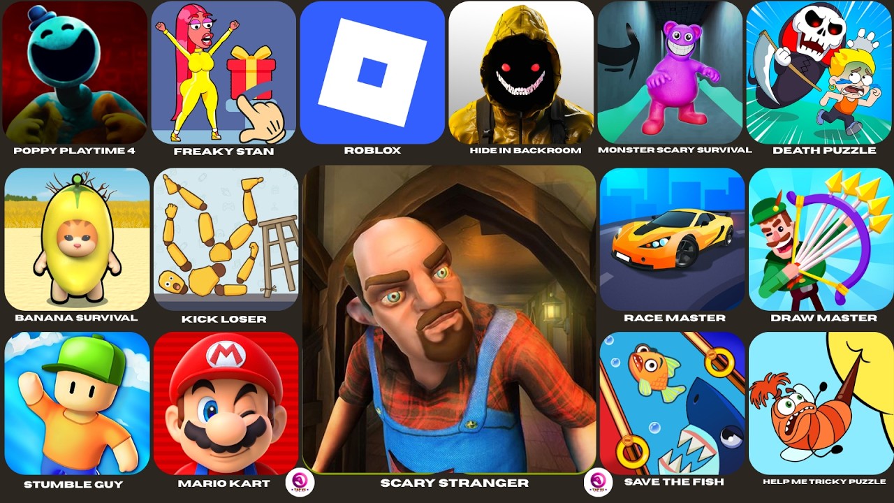 Scary Stranger, Poppy Playtime 4, Draw Master, Roblox, Race Master, Grimace Monster Scary Survival