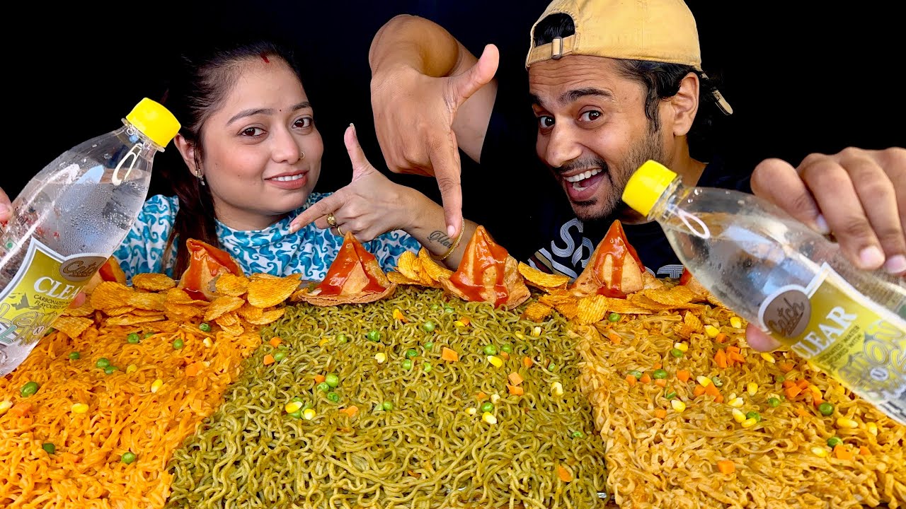 Noodle Challenge !!! Eating Red, Green, Yellow Noodle, Spicy Samosa & Chips | Spicy Food Challenge