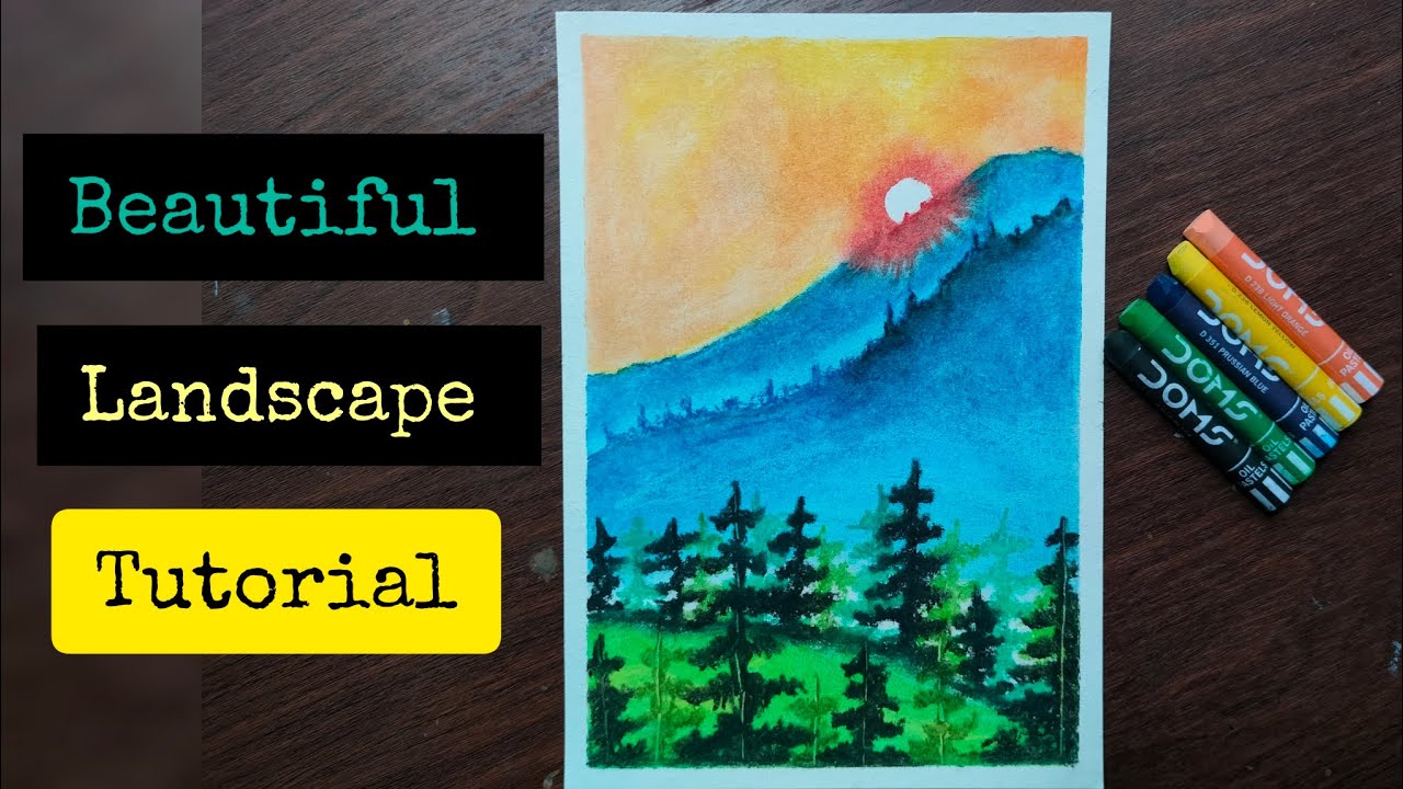How To Draw A Mountain Landscape With Oil Pastels || Beautiful Sunset Drawing