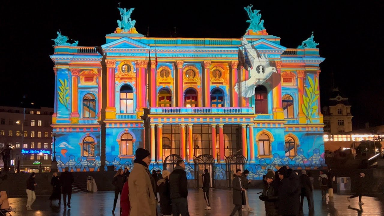 New Year's Eve walk Zurich to 6 illuminated buildings 🎨 4K night winter walking tour Switzerland 🇨🇭