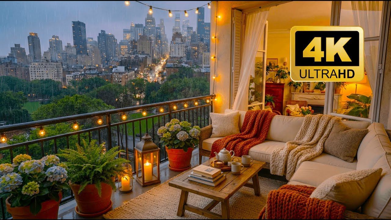 Cozy Rainy Night in a Luxury NYC Apartment 🌧️ Relaxing Rain Sounds on Balcony & City Lights [4K]