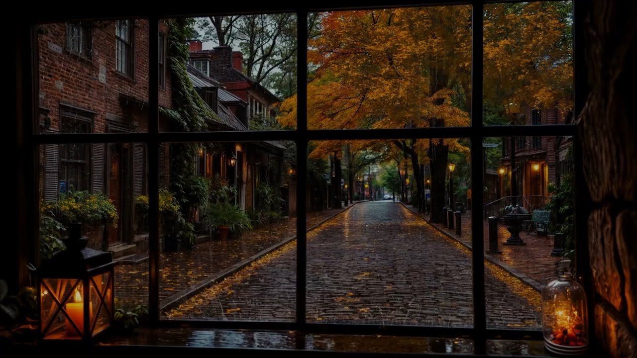 No Ads | 🍂 Cozy Rainy Street in Autumn – Window View Ambience for Relaxation & Sleep