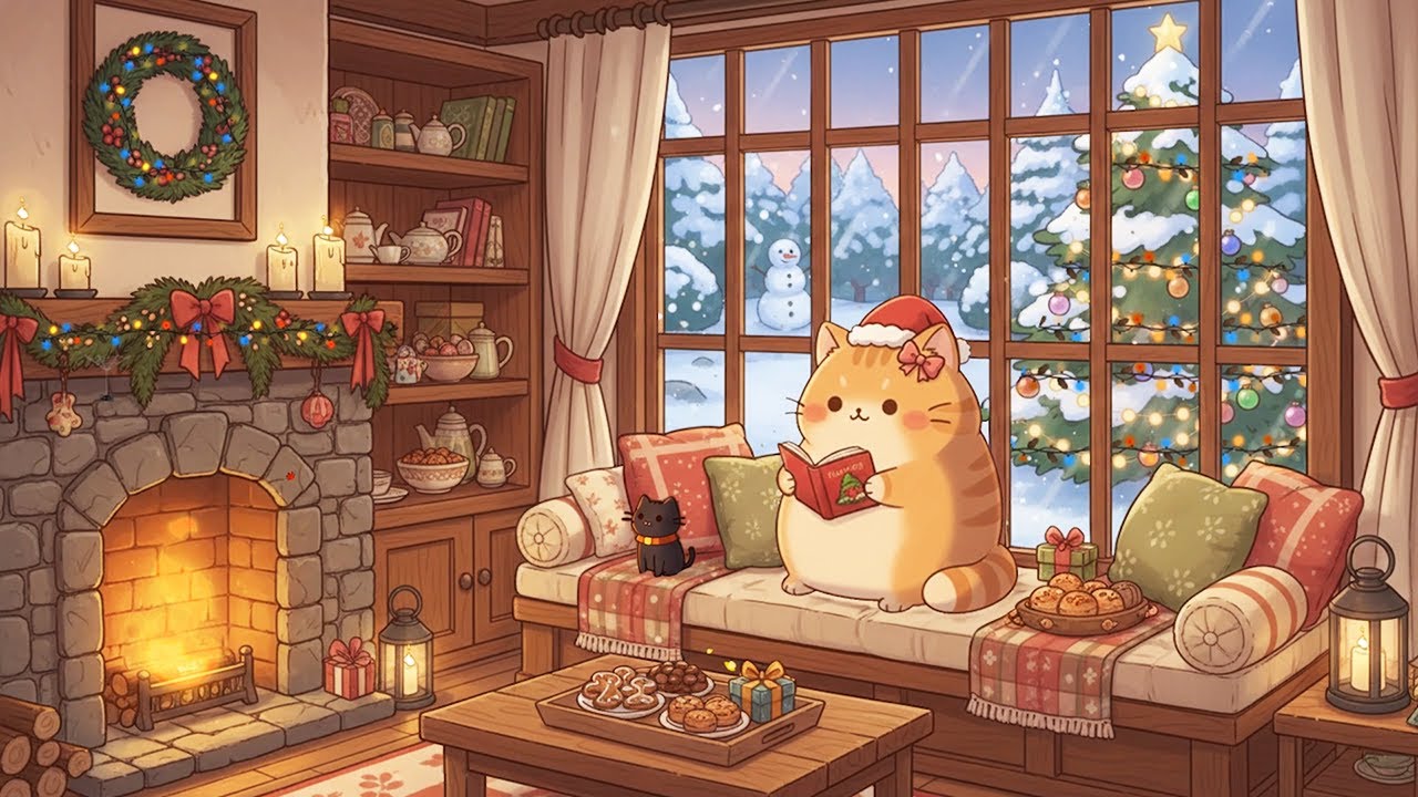 Meow Lofi Winter 🌙😴 Deep Sleep Beats for Stress Relief, Calm & Fireplace Snow