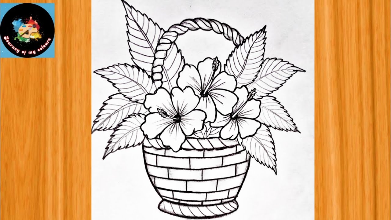 Hibiscus 🌺 Bouquet In Basket Drawing || Very Easy Flower Basket Drawing || Flower Basket Drawing.