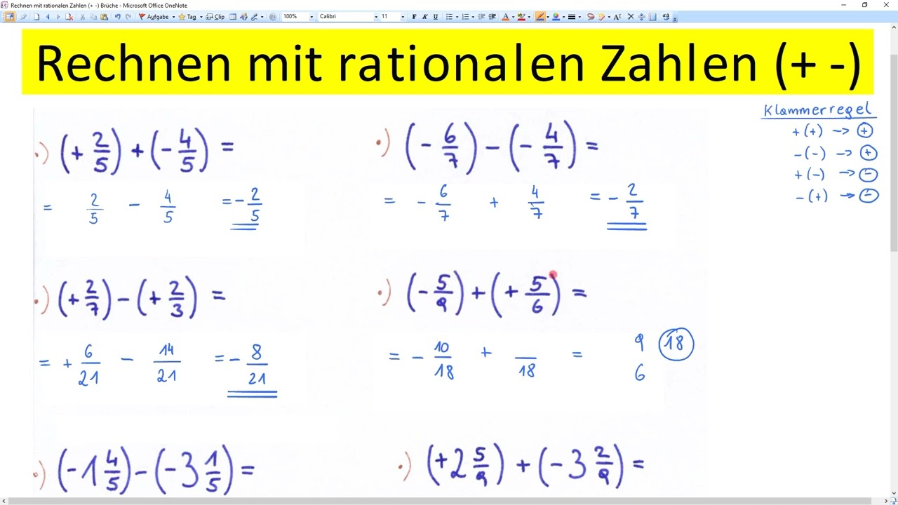 Rechnen mit rationalen Zahlen (+ -) Brüche (8 Stück)