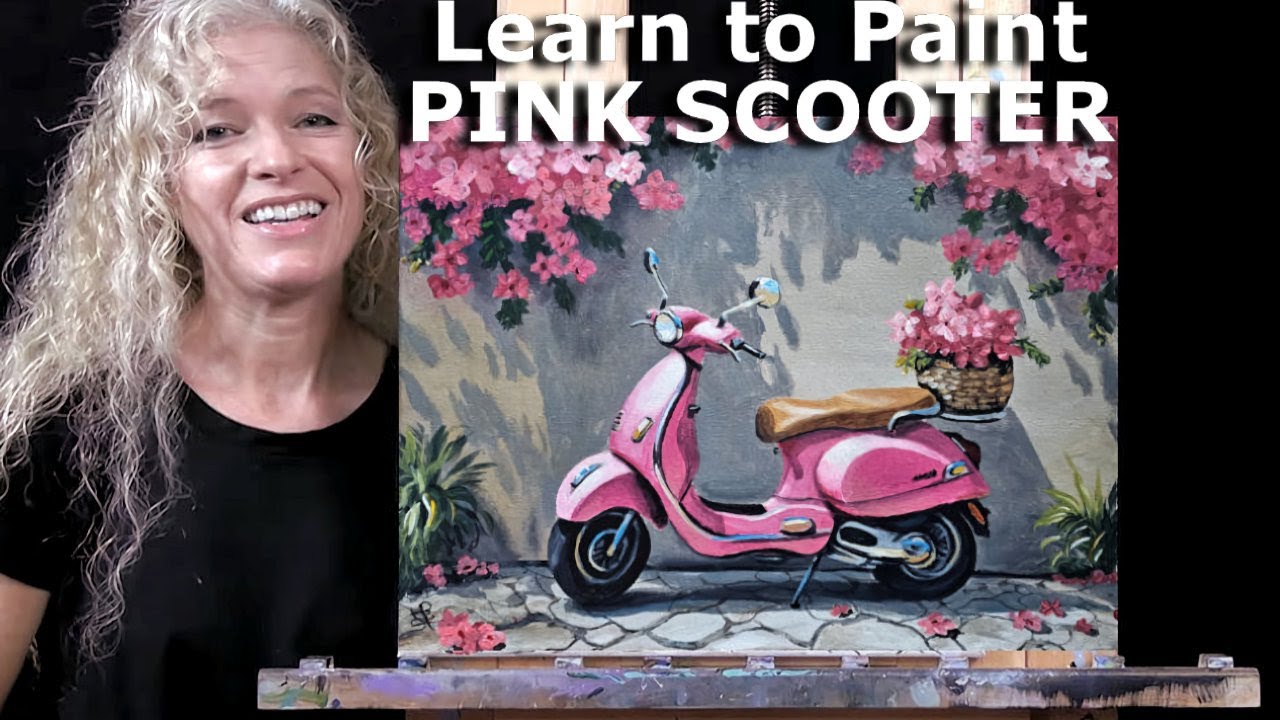 PINK SCOOTER- Learn How to Draw and Paint with Acrylics - Easy Beginner Acrylic Painting Tutorial