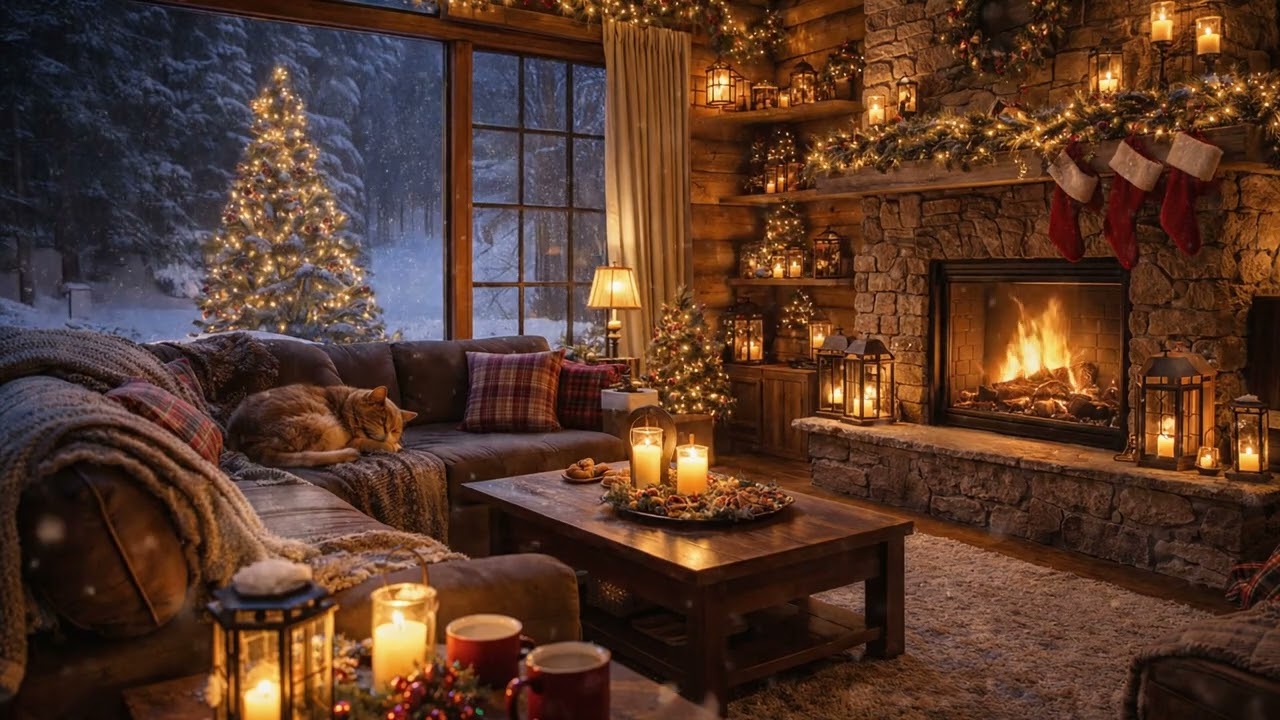 Cozy Christmas Cabin Ambience 🎄🔥 Warm Fireplace, Falling Snow & Soft Lights | Relaxing Screensaver