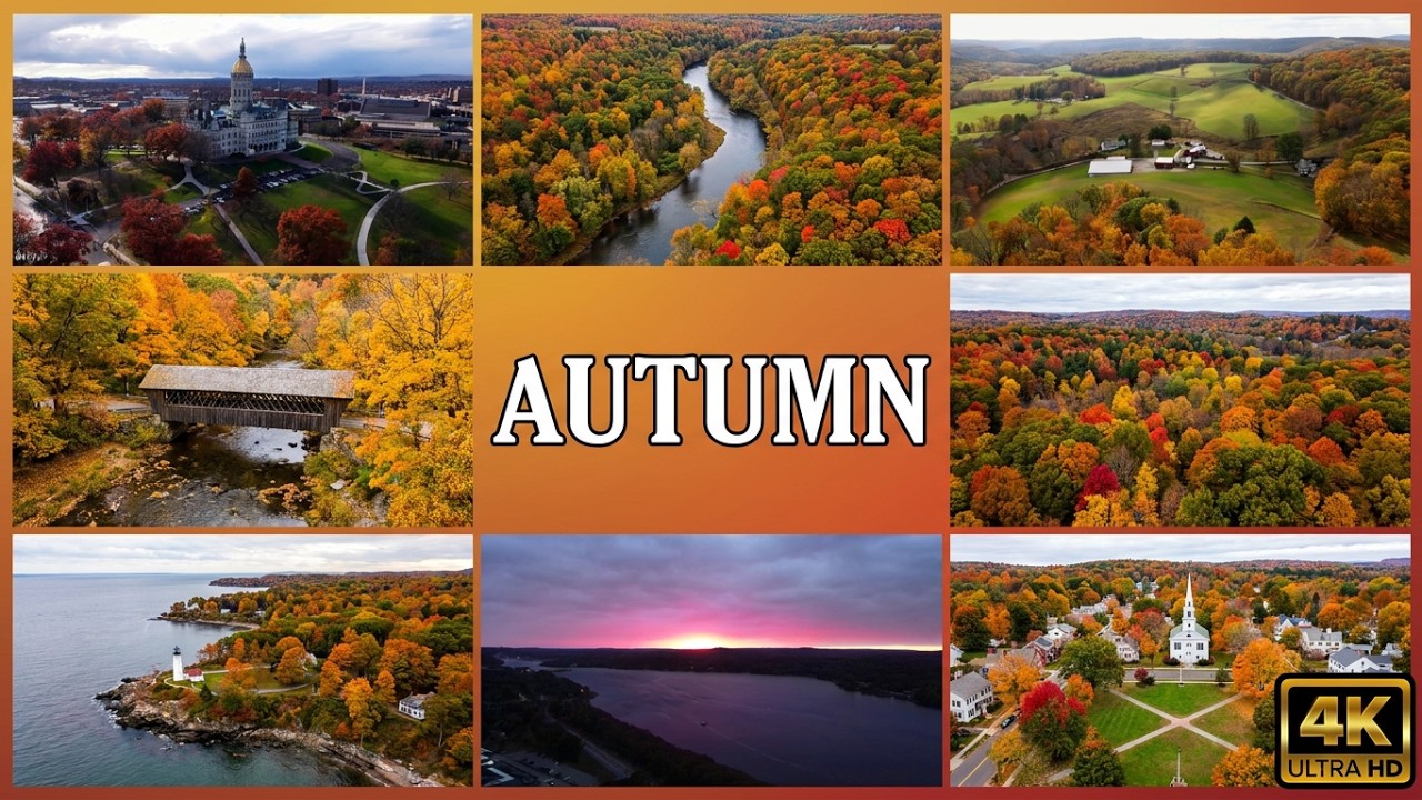 Beautiful Autumn in Connecticut. 4k Drone Video and Calming Piano Music. Relaxation Film 
