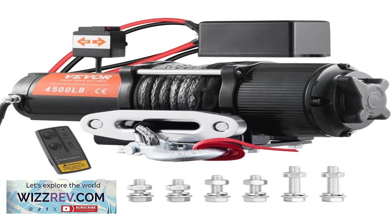 Электрическая лебедка VEVOR 12 В, грузоподъемность 4500 фунтов, нейлоновый трос, степень защиты I...