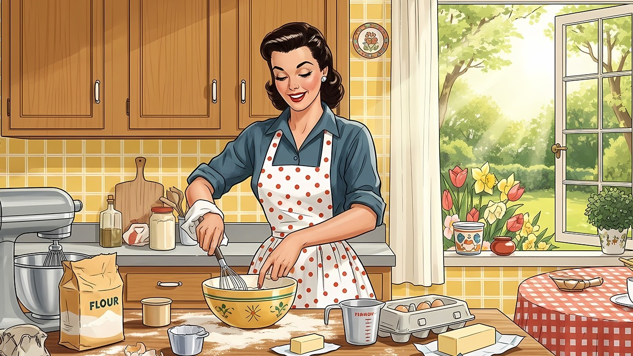 slow morning baking in a vintage kitchen | relaxing 50s jazz from an old radio