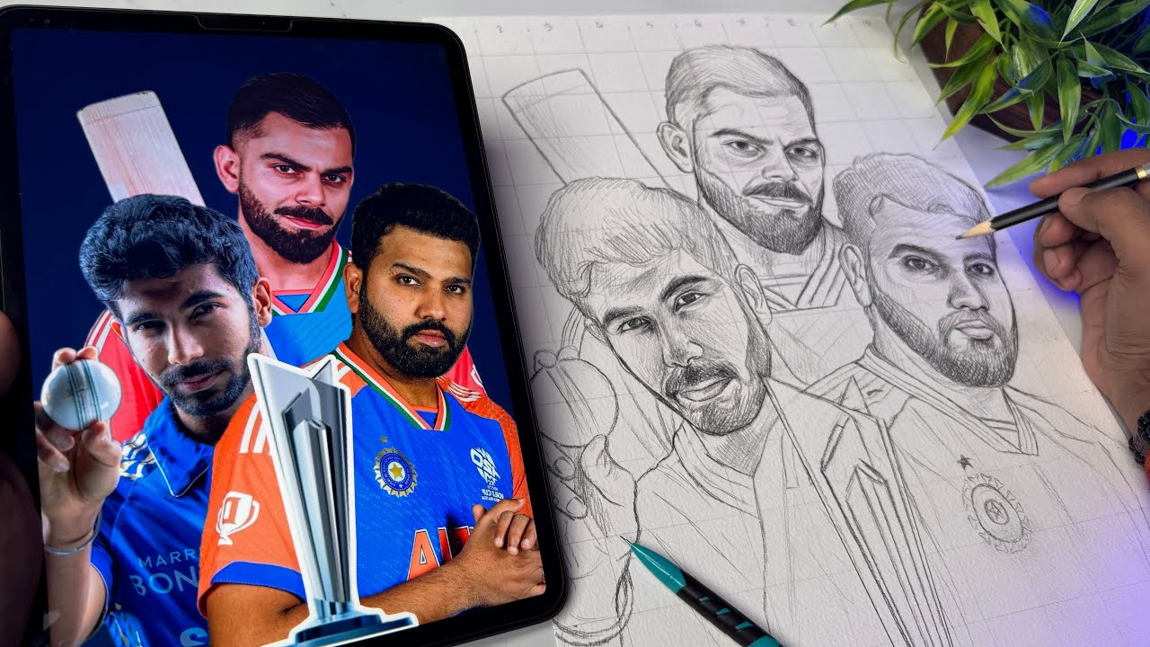 Draw With me - Team India Drawing,  Virat, Rohit, Bhumrah Drawing  🇮🇳