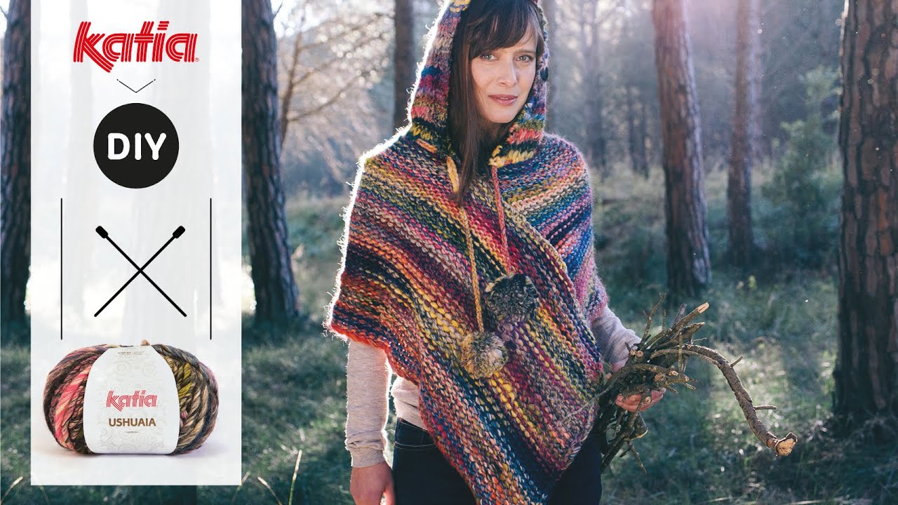 DIY Ushuaia Poncho with hood & pompons | Katia