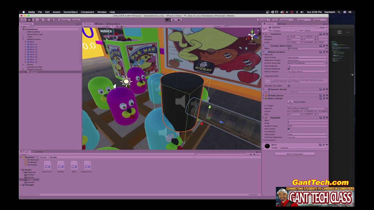 Unity VR: Whack A Mole 3D (Finish Game: Sounds, Hit Mole, Restart Game)