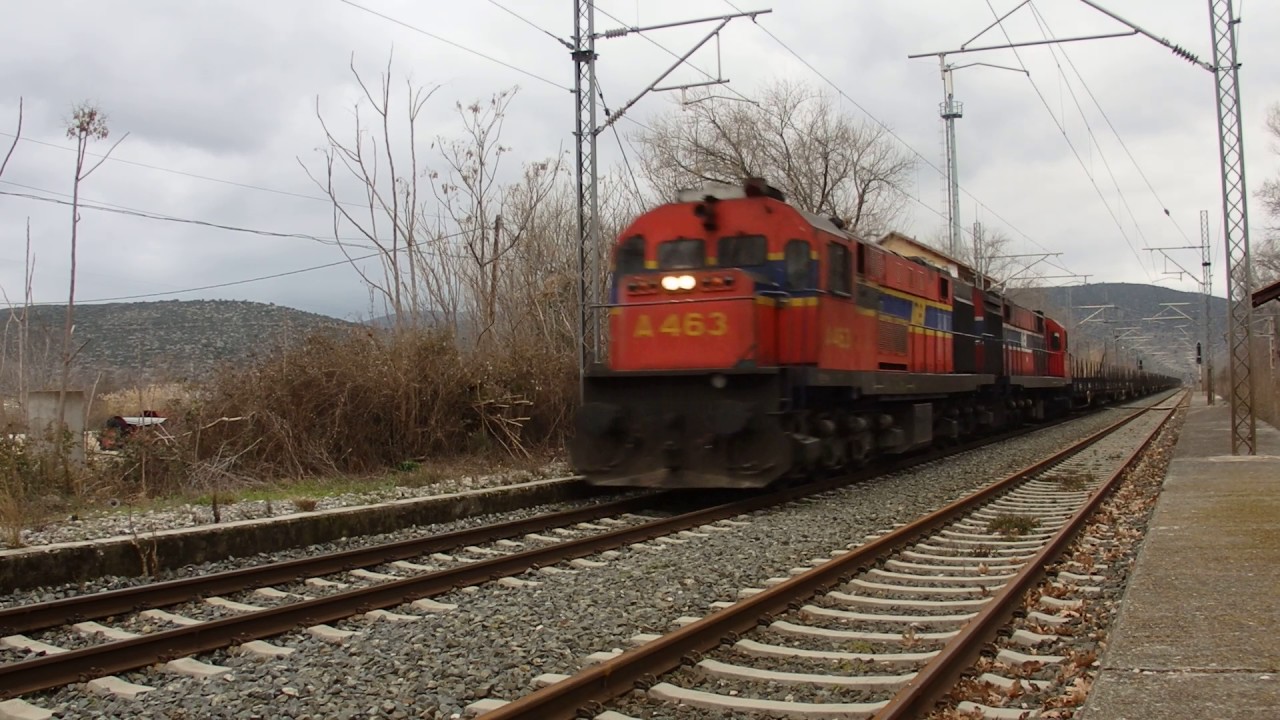 MLW Α463 + Α509 leading an empty freight train through Davlia station - 09.02.2017
