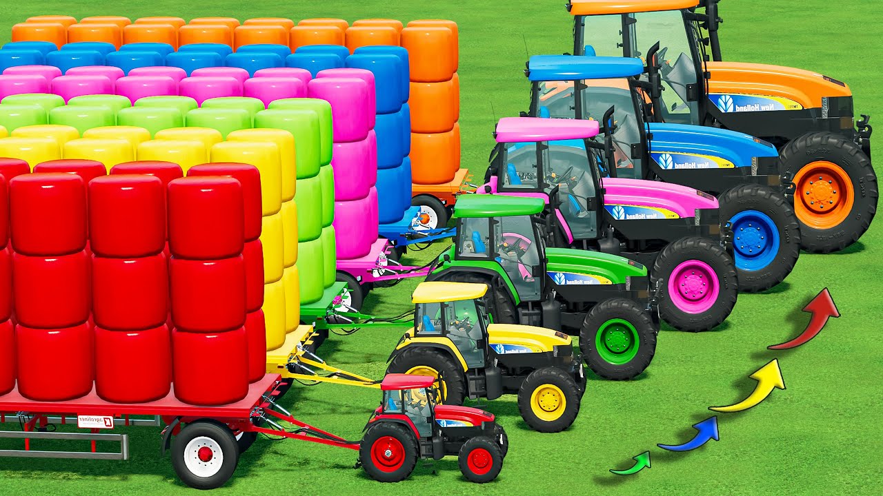 TRANSPORTING HAY BALE with MINI & BIG TRACTORS & COLORED LOADER! Farming Simulator 22
