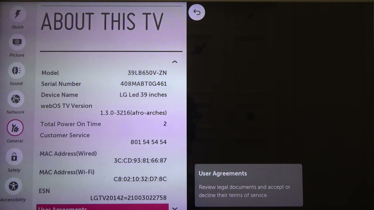 Как проверить номер модели в LG LED Smart TV? (LG39LB650V)