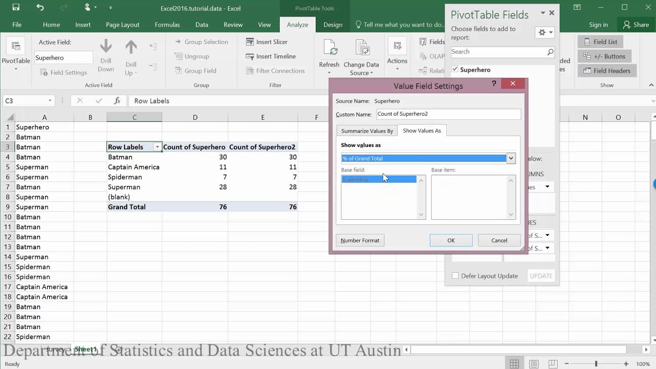 Table of Counts and Pie Charts in Excel 2106, 2019, and 365
