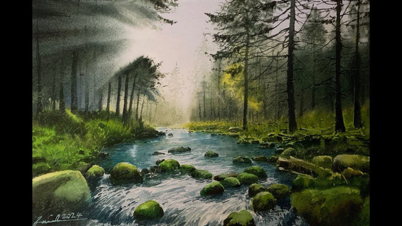 How to paint realistic river scene with watercolor