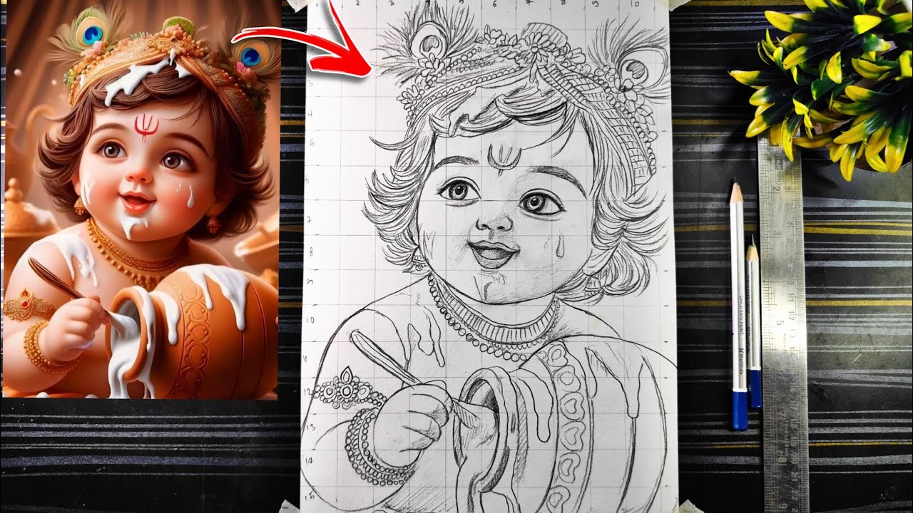 Janmastami Special Bal Krishna Drawing Outline,How To Draw Little Krishna with Makhan,Pencil Drawing