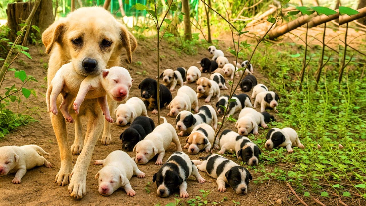 Вау!Собака-мама 🐶 тихо родила своих щенков 🐕 у меня во дворе и заботливо вырастила их. 🐶🐕