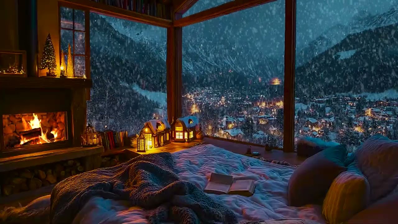 Warm Winter Cabin Ambience with Crackling Fire and Snowfall Sounds for Focus, Rest, and Sleep