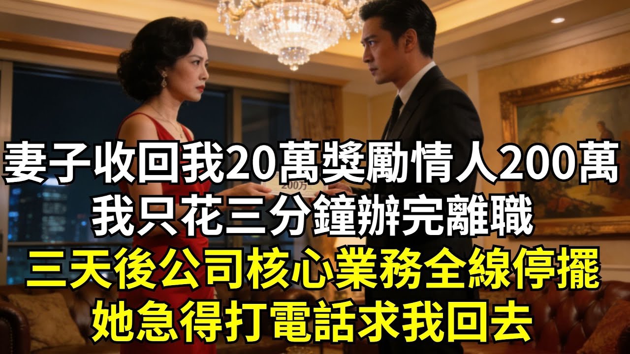妻子收回我20萬獎金，轉身獎勵情人200萬，我只花三分鐘辦完離職，三天後，公司核心業務全線停擺，她急得打電話求我回去#小説#情感故事#爽文#婚姻生活