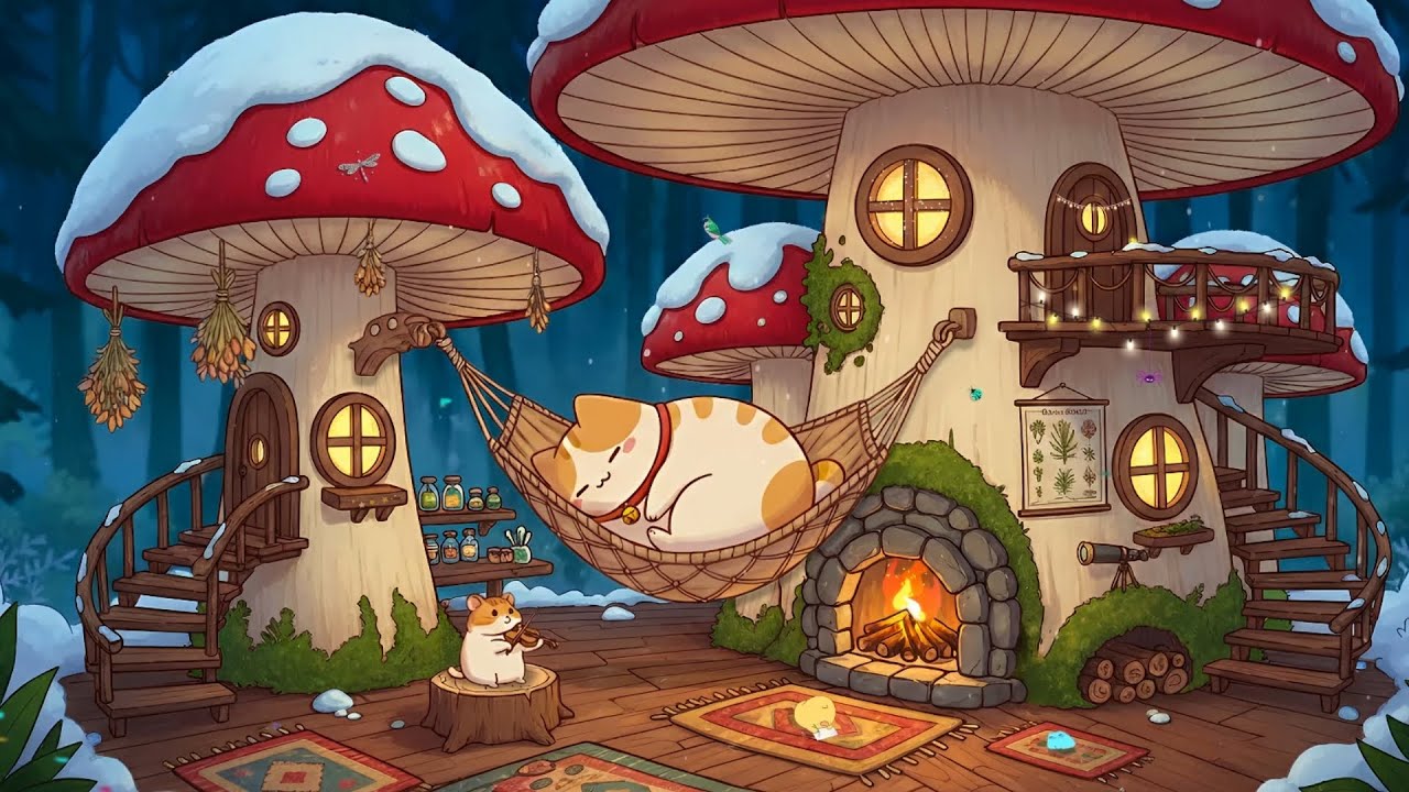 Cloudy Cat's Cozy Hammock Nap 🍄 Winter Lofi Ambience ❄️ Relaxing Music for Deep Sleep