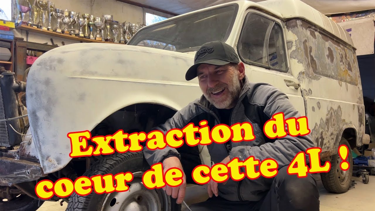 Restauration / r&eacute;novation d'une Renault 4L EP 4 : extraction du moteur !