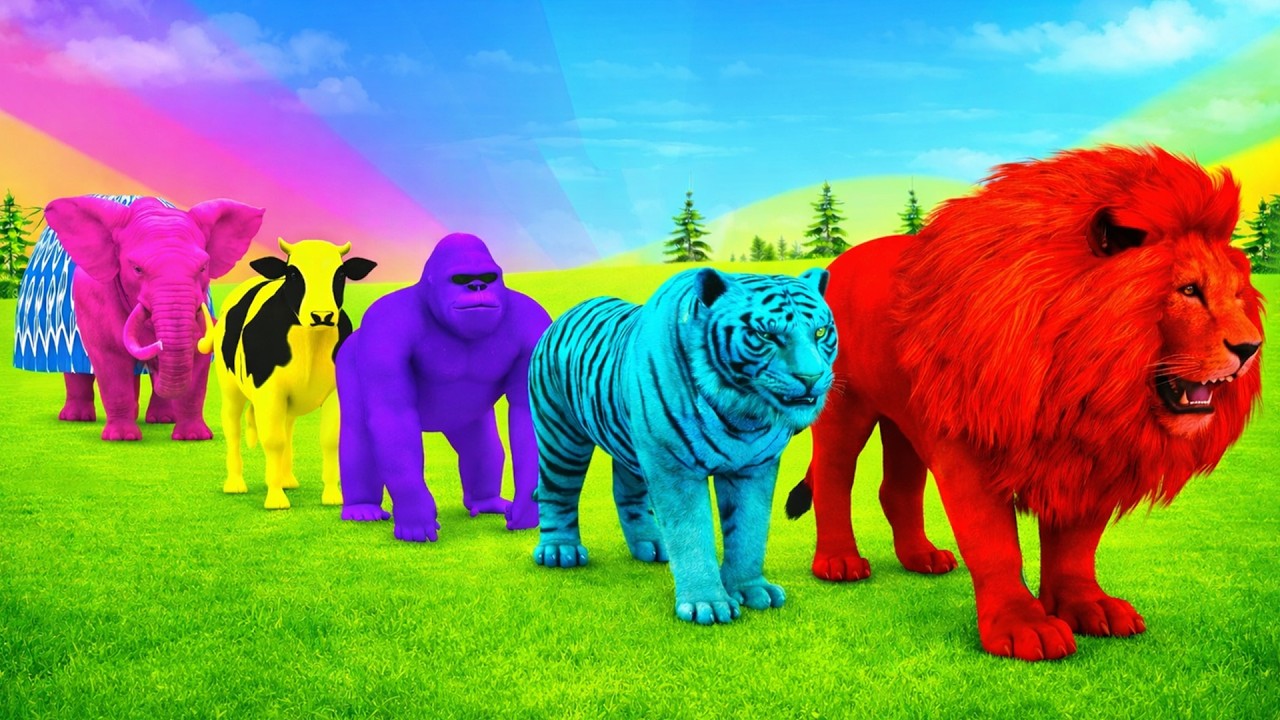 Long Slide Game With Elephant Gorilla Buffalo Hippopotamus Tiger - 3d Animal Game - Funny 3d Animals