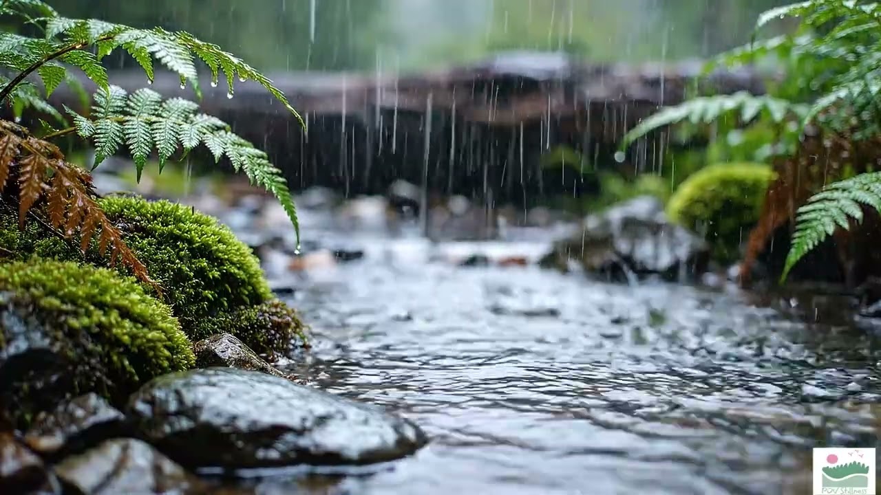 1 Hour Rainy River Ambience 🌧️ Relaxing Rain on Water, Mossy Forest Stream for Sleep & Study
