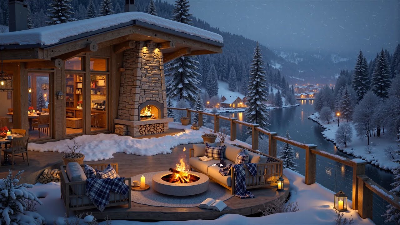 Cozy Winter Jazz at Snowy Café Terrace by the Warm Fireplace❄️| Relaxing Night Jazz for Study & Rest