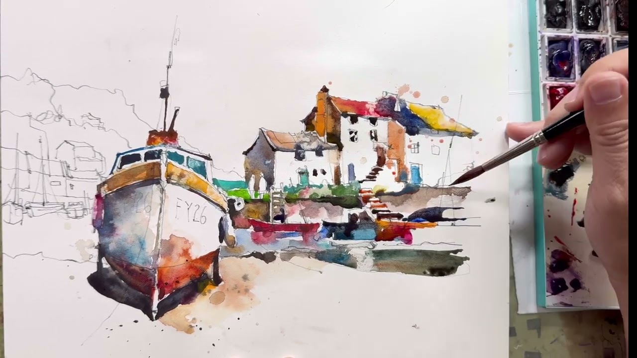 Painting Polperro fishing village