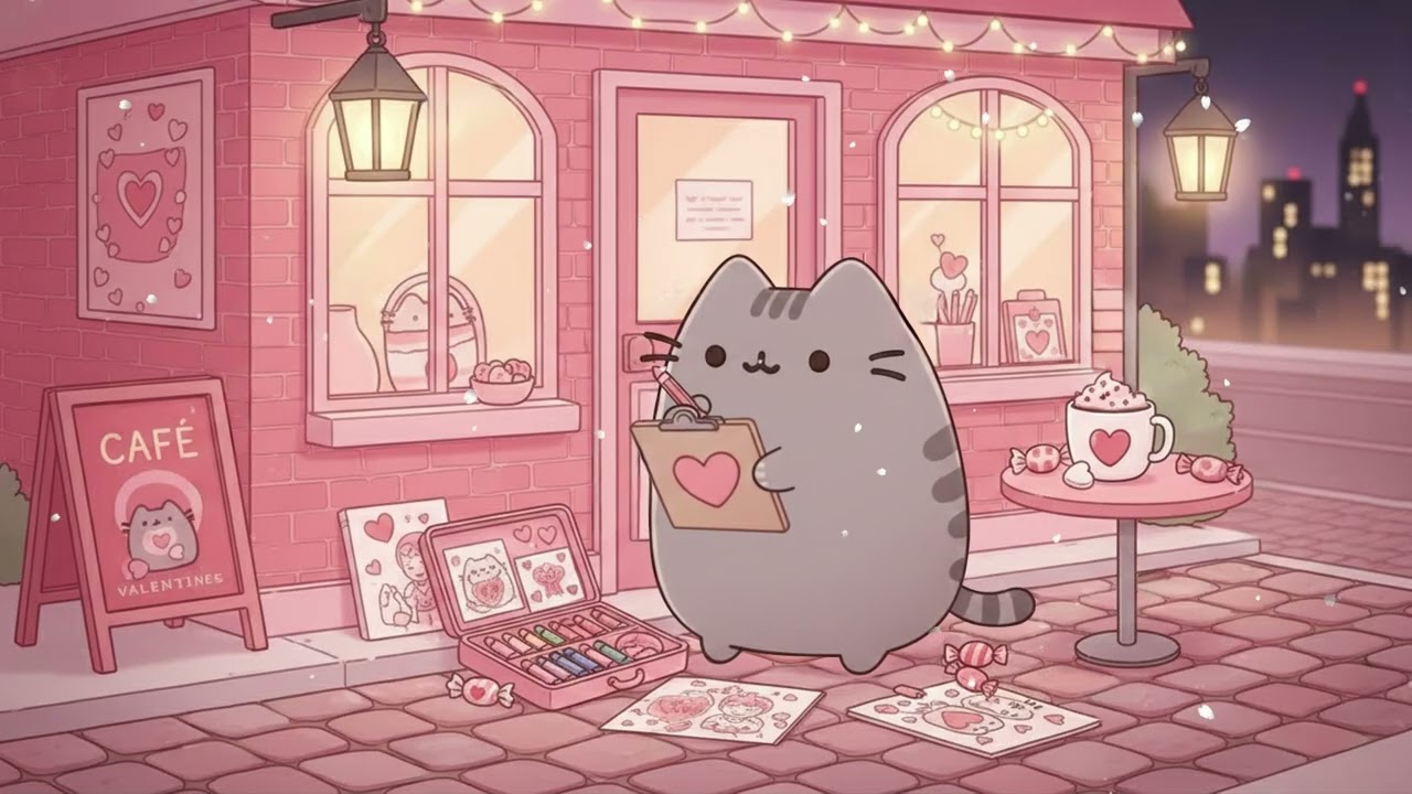 Pusheen Valentine Fireplace 🌸 Cozy Lofi Beats for Study, Relax & Chill
