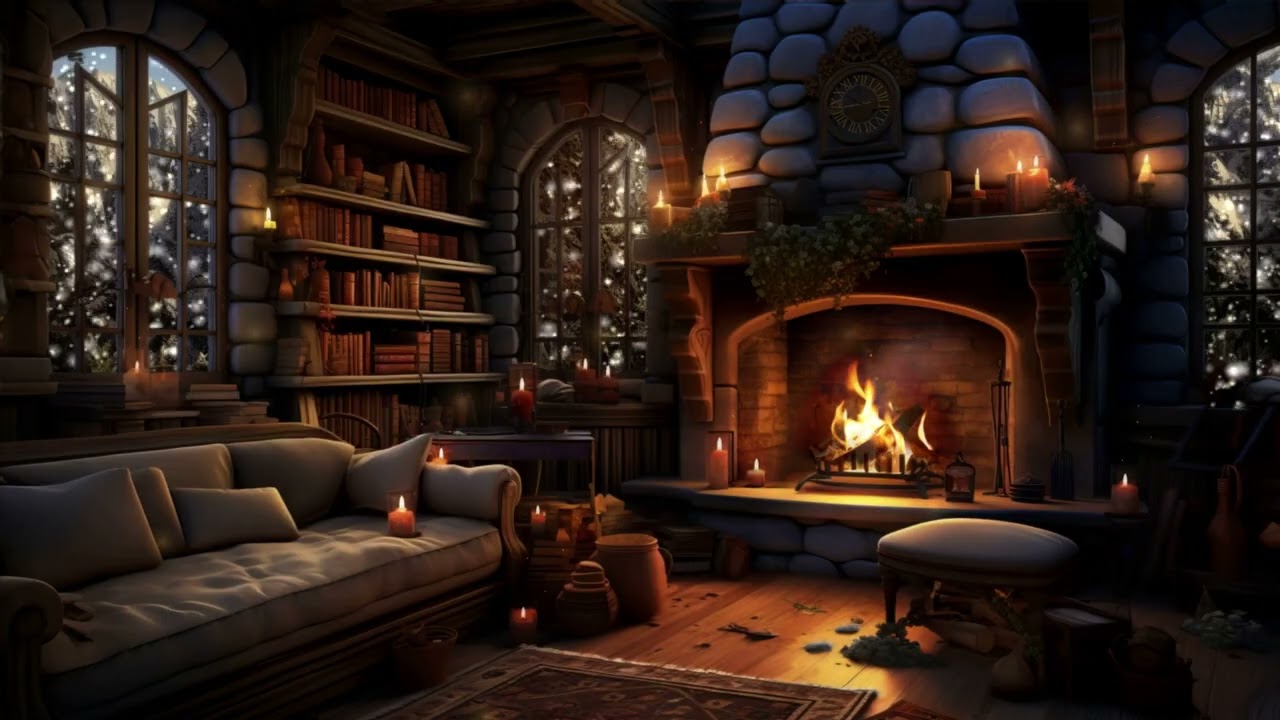 Cozy Snowy Fireplace Room ❄️🔥 Soft Winter Piano Ambience for Relaxation, Reading & Sleep (3 Hours)