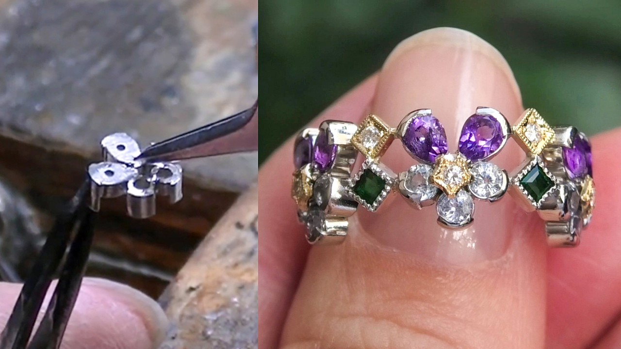 Pt900/K18製アメジスト・サファイア・ダイヤモンド・グリーンガーネットリング メイキング動画#jewelrymaking #jewellrymaking