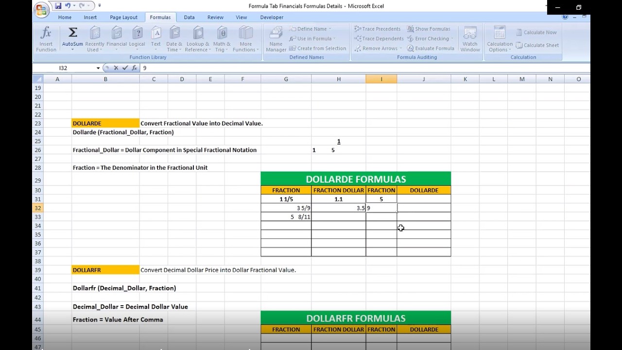 Class # 94 MS Excel 2007 Formulas Tab_Financial_DISC_DOLLARDE_DOLLARFR_Settlement_Maturity_PR_Redem