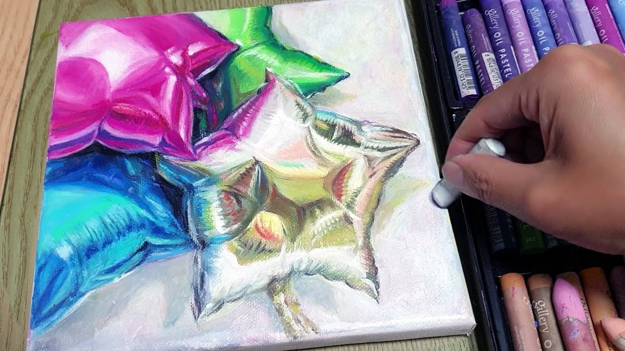 Oil pastel | 오일파스텔로 은박 별풍선 그리기 