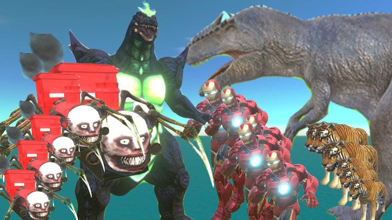 T-Rex Spider Train vs Iron man Versus Wild Animals Mammals Epic Battle Animal Revolt Battle