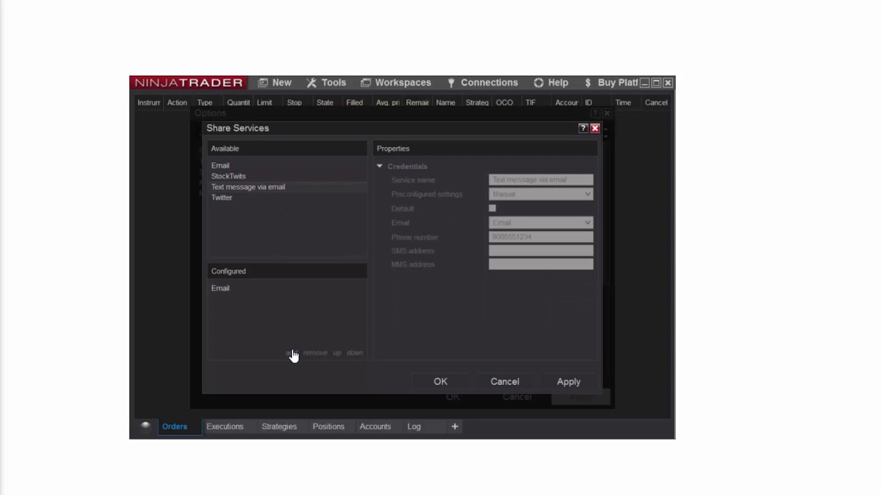 Configure Email and Text Message Share Services from NinjaTrader