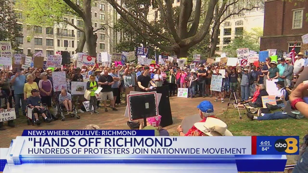 Richmond protesters join nationwide 'Hands Off!' rally against Trump, Elon Musk
