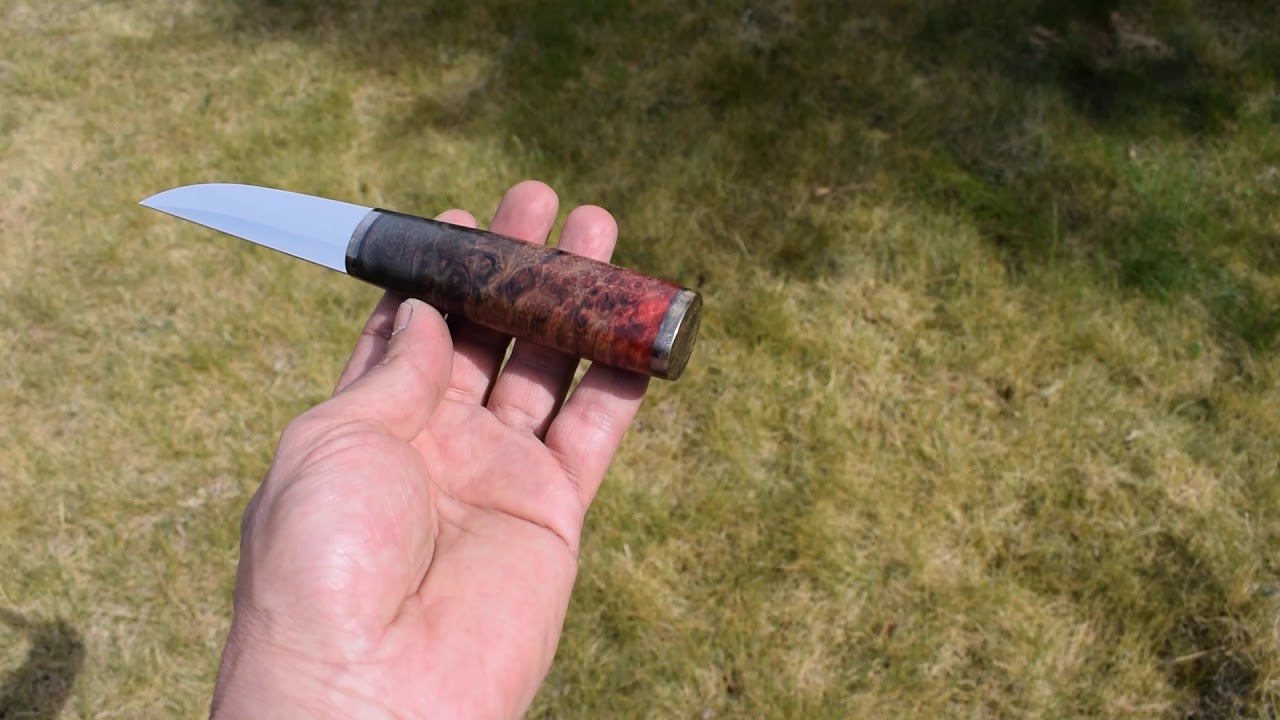 Puukko, Vanadis 4 Extra, aged brass, stabilized Alder burl