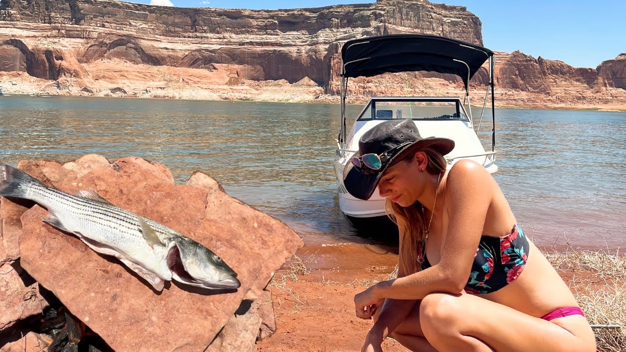 RECORD LOWS at Lake Powell | Striped Bass Catch And Primitive Cook