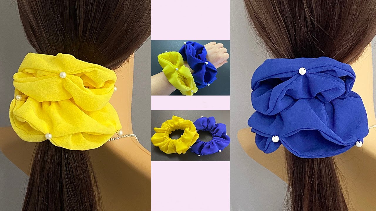 Sheer chiffon Scrunchies with Beads | Double edge scrunchy hair elastic tie, How to make scrunchies