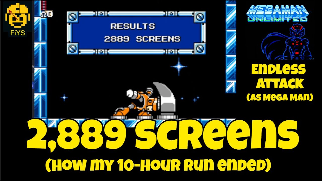 Mega Man Unlimited: Endless Attack as Mega Man (2,889 screens at the end of my 10-hour run)