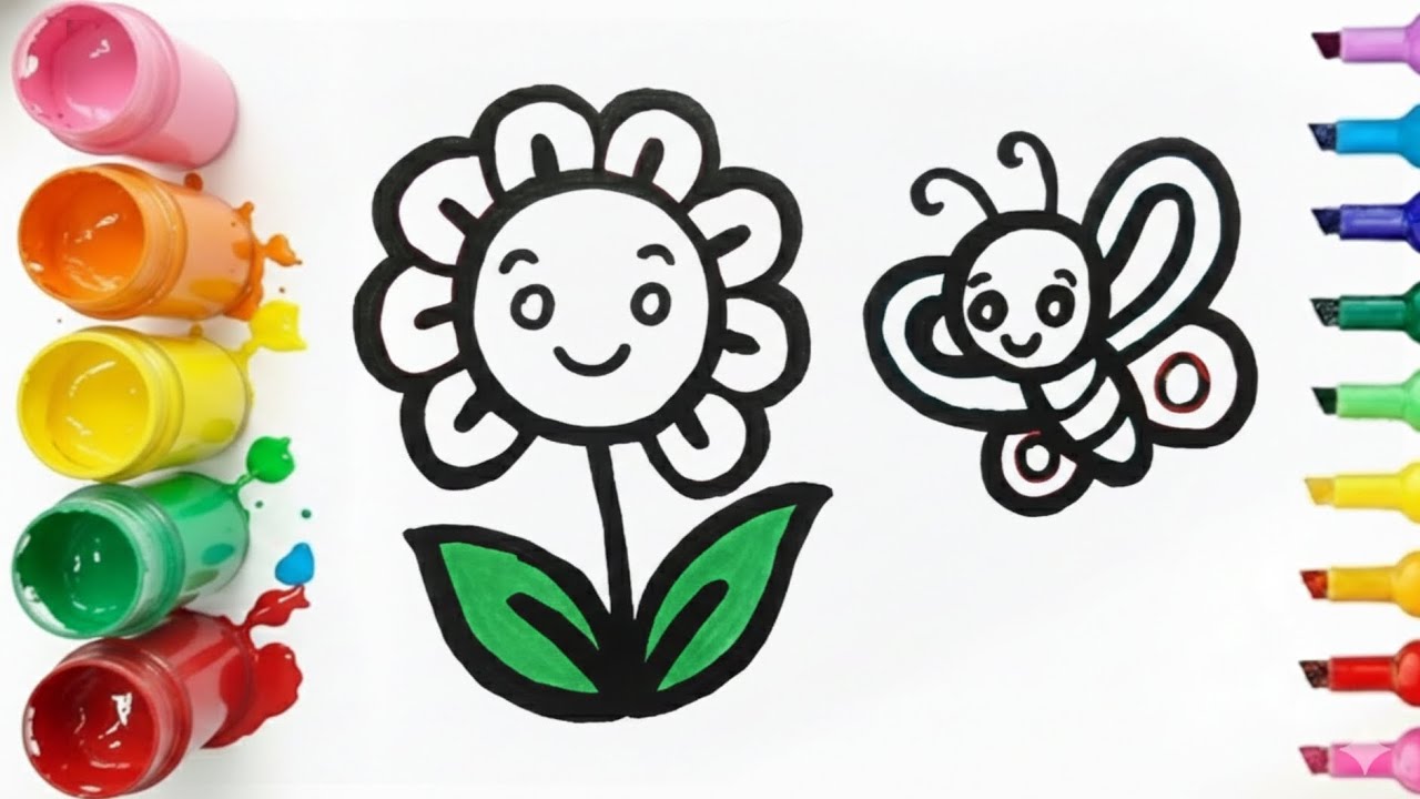 How to draw a happy flower and butterfly