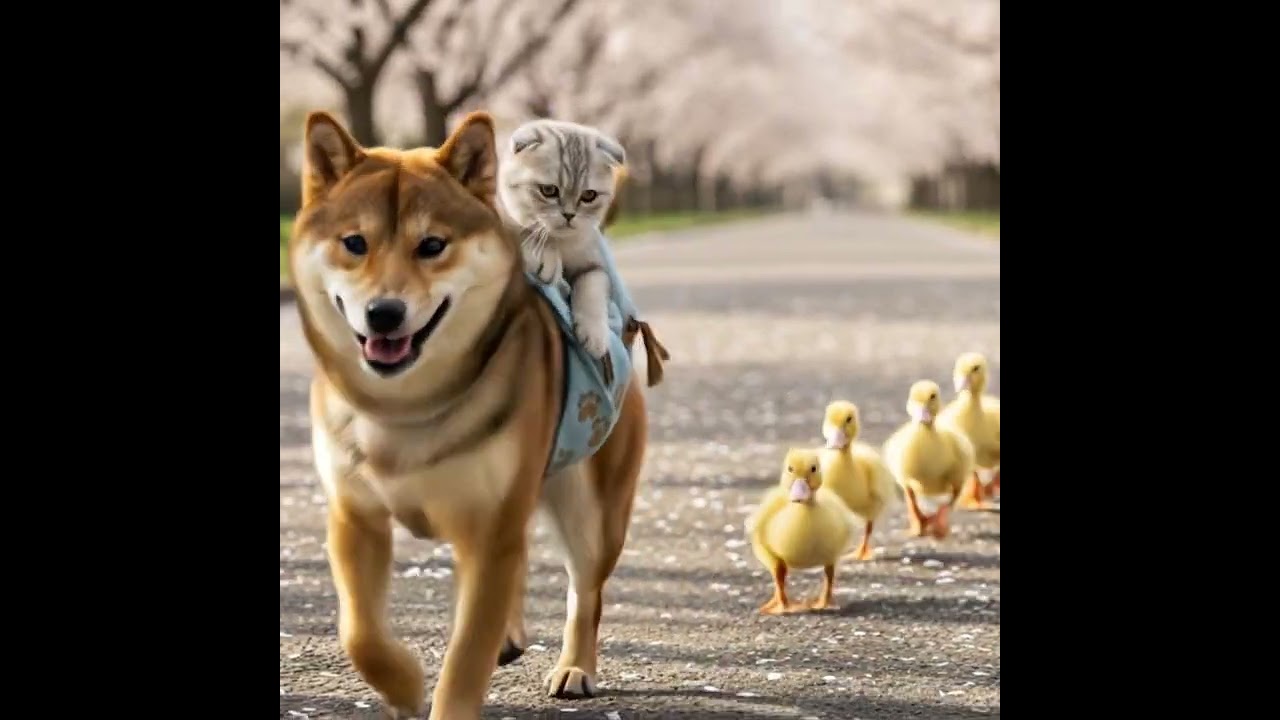 Spring parade with Shiba, kitten, and ducklings 🌸🐕🐱🐤