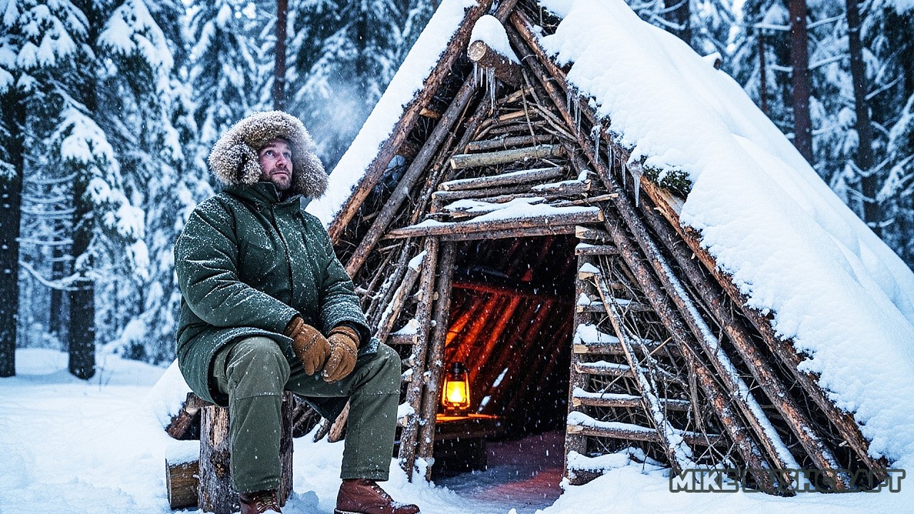Building a Cozy Bushcraft Cabin While Snow Falls in the Forest