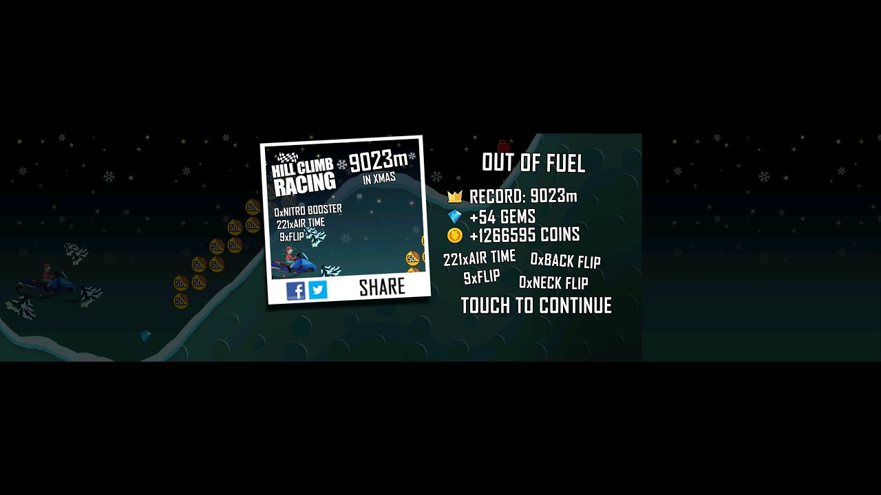 Hill Climb Racing: 9023m in XMAS on Snow Mobile (no boosters, no pets)